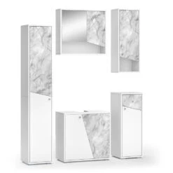 Badmöbel Set "Irida" Weiß/Marmor 5 Teile Vicco