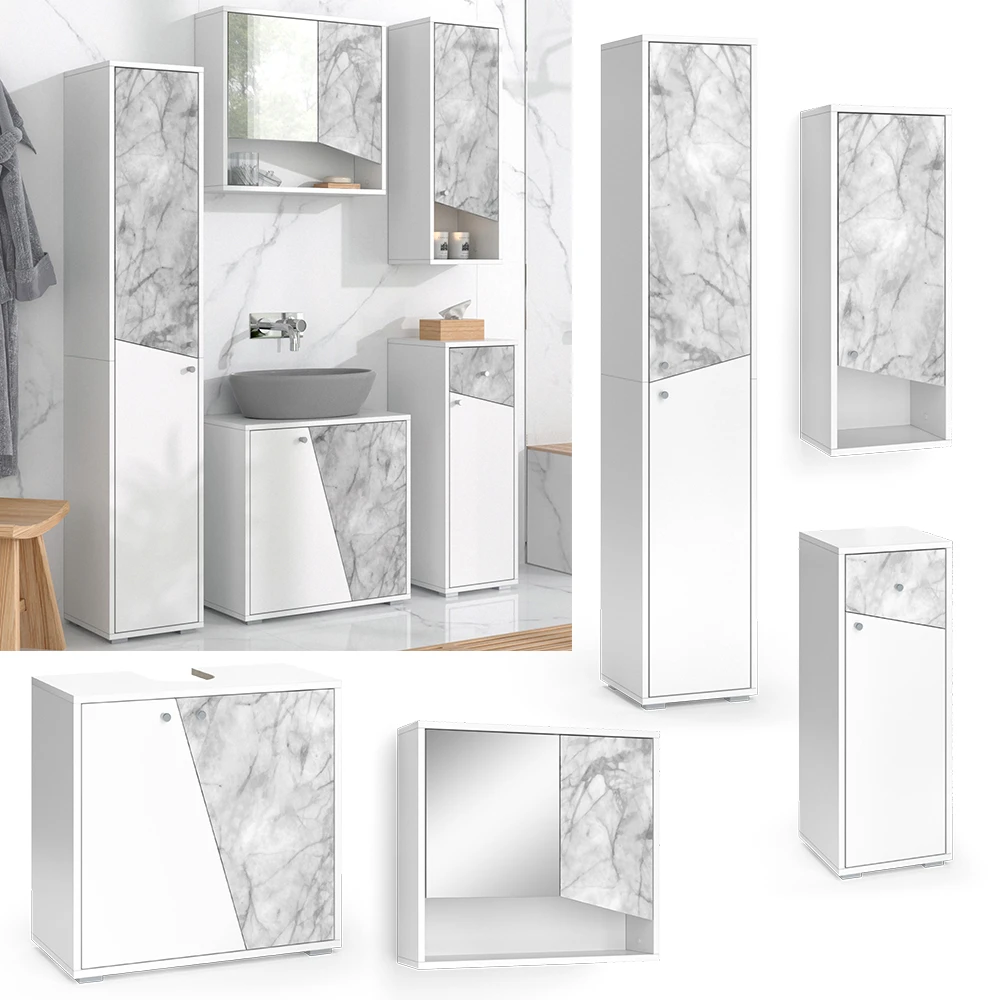Badmöbel Set "Irida" Weiß/Marmor 5 Teile Vicco 4 Badmöbel Set "Irida" Weiß/Marmor 5 Teile Vicco – Bild 2