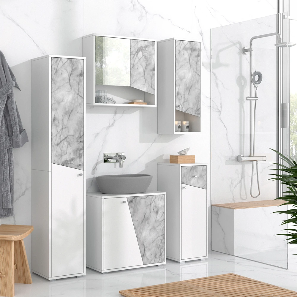 Badmöbel Set "Irida" Weiß/Marmor 5 Teile Vicco 6 Badmöbel Set "Irida" Weiß/Marmor 5 Teile Vicco – Bild 4