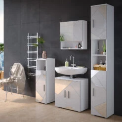 Badmöbel Set "Irma" Weiß Hochglanz Mit Einsätzen 4 Teile, Mit Hochschrank Und Kommode Vicco -Vicco m5338 04 ol