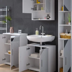 Badmöbel Set "Irma" Weiß Hochglanz Mit Einsätzen 4 Teile, Mit Hochschrank Und Kommode Vicco -Vicco m5338 05 ol