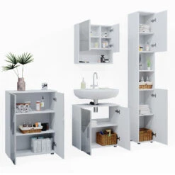 Badmöbel Set "Irma" Weiß Hochglanz Mit Einsätzen 4 Teile, Mit Hochschrank Und Kommode Vicco -Vicco m5338 07 ol