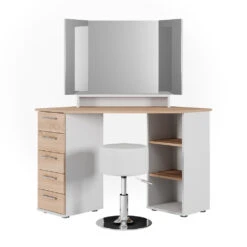 Eckschminktisch "Sofia" Weiß/Sonoma/Sonoma 128.4 Cm Mit Hocker Vicco