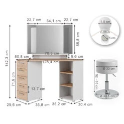 Eckschminktisch "Sofia" Weiß/Sonoma/Sonoma 128.4 Cm Mit LED Beleuchtung Und Hocker Vicco -Vicco m5420 hw l 03 ol