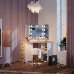 Eckschminktisch "Sofia" Weiß/Sonoma/Sonoma 128.4 Cm Mit LED Beleuchtung Und Hocker Vicco -Vicco m5420 hw l 04 ol