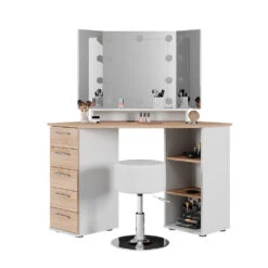 Eckschminktisch "Sofia" Weiß/Sonoma/Sonoma 128.4 Cm Mit LED Beleuchtung Und Hocker Vicco -Vicco m5420 hw l 07 ol