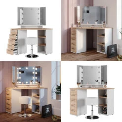 Eckschminktisch "Sofia" Weiß/Sonoma/Sonoma 128.4 Cm Mit LED Beleuchtung Und Hocker Vicco -Vicco m5420 hw l 08 ol