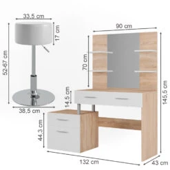 Schminktisch "Maria" Weiß/Sonoma/Sonoma 132 Cm Mit Hocker Vicco -Vicco m5422 hw 03 ol