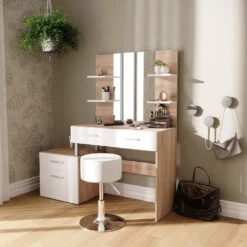 Schminktisch "Maria" Weiß/Sonoma/Sonoma 132 Cm Mit Hocker Vicco -Vicco m5422 hw 04 ol