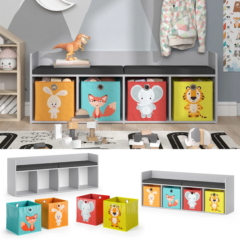 Kinderregal "Luigi" Hellgrau 142.4 X 53.4 Cm 4 Fächer, Mit Faltboxen Bunt Vicco 4 Kinderregal "Luigi" Hellgrau 142.4 X 53.4 Cm 4 Fächer, Mit Faltboxen Bunt Vicco – Bild 2