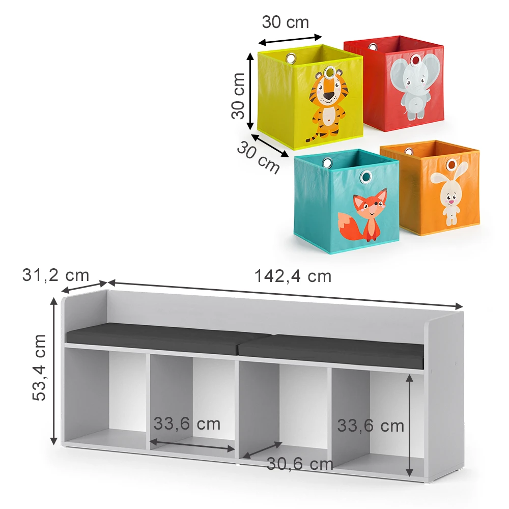 Kinderregal "Luigi" Hellgrau 142.4 X 53.4 Cm 4 Fächer, Mit Faltboxen Bunt Vicco 5 Kinderregal "Luigi" Hellgrau 142.4 X 53.4 Cm 4 Fächer, Mit Faltboxen Bunt Vicco – Bild 3