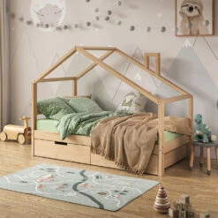 Hausbett "Lori" Naturholz 80x160 Cm Mit Schubladen, Ohne Matratze Vitalispa -Vicco m5743 04 ol