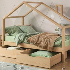 Hausbett "Lori" Naturholz 80x160 Cm Mit Schubladen, Ohne Matratze Vitalispa -Vicco m5743 05 ol