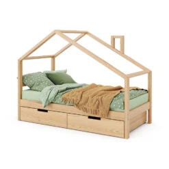 Hausbett "Lori" Naturholz 80x160 Cm Mit Schubladen, Ohne Matratze Vitalispa -Vicco m5743 07 ol