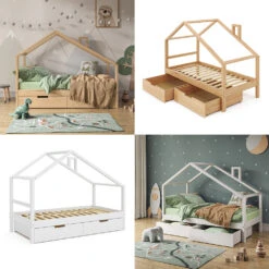 Hausbett "Lori" Naturholz 80x160 Cm Mit Schubladen, Ohne Matratze Vitalispa -Vicco m5743 08 ol