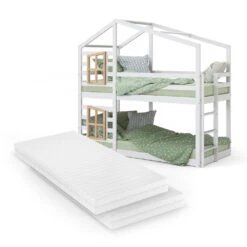 Etagenbett "Maja" Weiß/Naturholz 90x200 Cm Mit 2 Matratzen Vitalispa -Vicco m5793 mat 07 ol