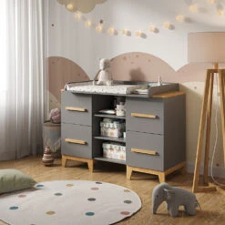 Wickelkommode "Malia" Grau/Eiche 133 X 98 Cm XL Mit 4 Schubladen Vitalispa -Vicco m5855 04 ol