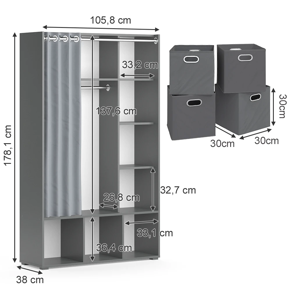 Kleiderschrank "Luigi" Grau 105.8 X 178.1 Cm Mit Faltboxen (grau) Vicco 5 Kleiderschrank "Luigi" Grau 105.8 X 178.1 Cm Mit Faltboxen (grau) Vicco – Bild 3
