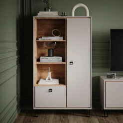 Bücherregal "Tirion" Cashmere-Eiche/Goldkraft Eiche 85.2 X 147.8 Cm Mit Tür, 1 Klappe Und 3 Offenen Fächern Vicco -Vicco m5890 04 ol