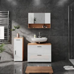 Badmöbel Set "Irma" Eiche/Weiß Hochglanz 3 Teile, Mit Schubladenschrank Und Midischrank Vicco 12 Badmöbel Set "Irma" Eiche/Weiß Hochglanz 3 Teile, Mit Schubladenschrank Und Midischrank Vicco -Vicco m5922 04 ol