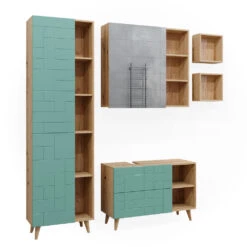 Badmöbel Set "Rudi" Mintgrün/Eiche 5 Teile, Mit Hochschrank Vicco