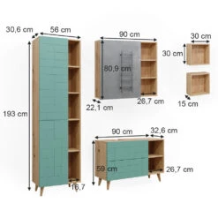 Badmöbel Set "Rudi" Mintgrün/Eiche 5 Teile, Mit Hochschrank Vicco -Vicco m5948 03 ol