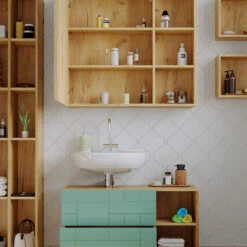 Badmöbel Set "Rudi" Mintgrün/Eiche 5 Teile, Mit Hochschrank Vicco -Vicco m5948 05 ol