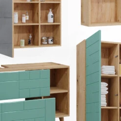 Badmöbel Set "Rudi" Mintgrün/Eiche 5 Teile, Mit Hochschrank Vicco -Vicco m5948 06 ol