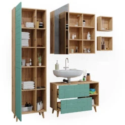 Badmöbel Set "Rudi" Mintgrün/Eiche 5 Teile, Mit Hochschrank Vicco -Vicco m5948 07 ol