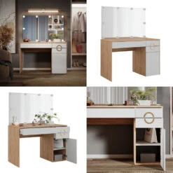 Schminktisch "Adela" Weiß/Natural Rockford Hickory Mit Spiegel & LED Vicco -Vicco m6068 s l 08 ol