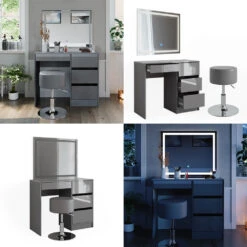 Schminktisch "Sherry" Grau Hochglanz 90 Cm Mit LED Spiegel Und Hocker Vicco -Vicco m6096 sled hg 08 ol