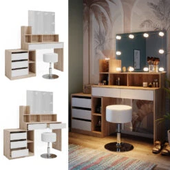 Schminktisch "Anja" Sonoma/Weiß Mit Hocker Und LED-Beleuchtung Vicco -Vicco m6201 hw l 02 ol
