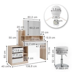 Schminktisch "Anja" Sonoma/Weiß Mit Hocker Und LED-Beleuchtung Vicco -Vicco m6201 hw l 03 ol