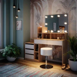 Schminktisch "Anja" Sonoma/Weiß Mit Hocker Und LED-Beleuchtung Vicco -Vicco m6201 hw l 04 ol