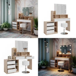 Schminktisch "Anja" Sonoma/Weiß Mit Hocker Und LED-Beleuchtung Vicco -Vicco m6201 hw l 08 ol