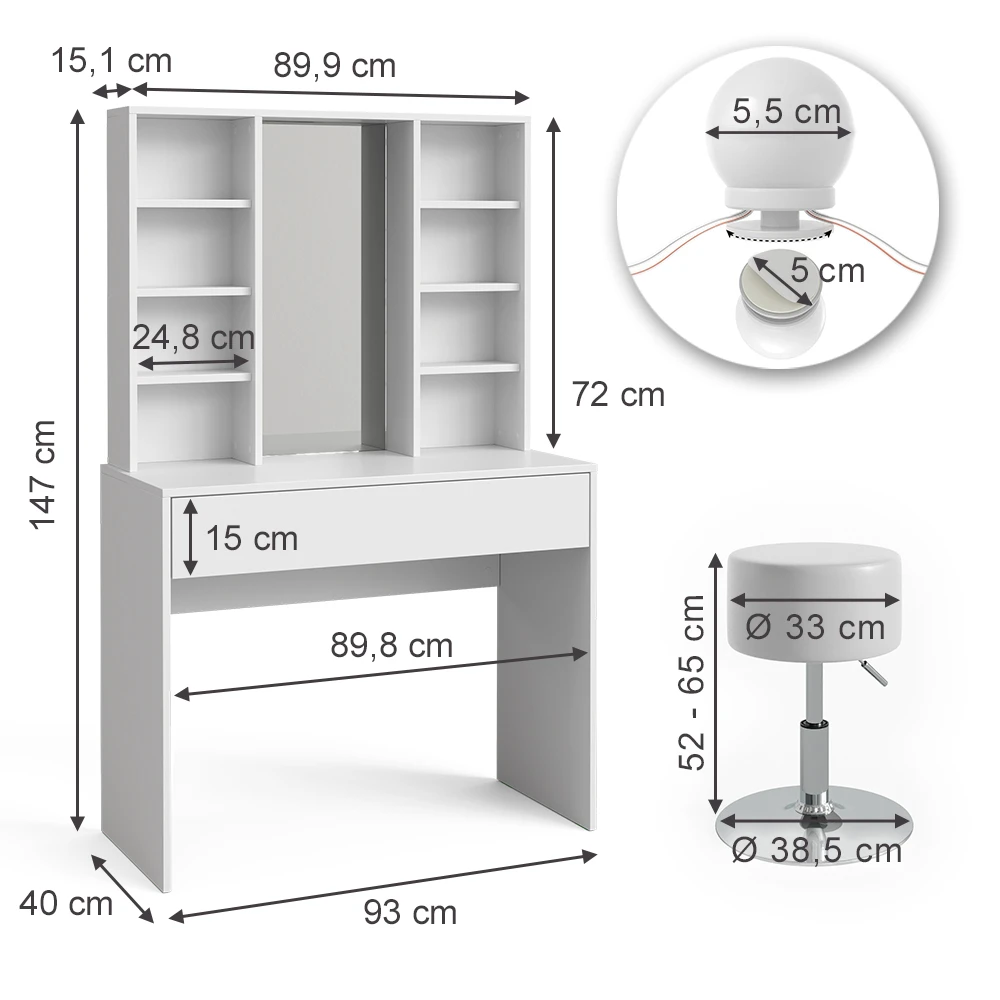 Schminktisch "Alexa" Weiß 93 Cm Mit LED Beleuchtung Und Hocker Vicco 5 Schminktisch "Alexa" Weiß 93 Cm Mit LED Beleuchtung Und Hocker Vicco – Bild 3