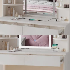 Schminktisch "Charlotte" Weiß Mit LED-Spiegel, Bank Und QI-Ladestation Vicco 15 Schminktisch "Charlotte" Weiß Mit LED-Spiegel, Bank Und QI-Ladestation Vicco -Vicco m6232 sled qi hw 05 ol