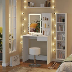 Schminktisch "Dekos" Weiß Mit LED-Spiegel, Hocker Und QI-Ladestation Vicco -Vicco m6233 hw 04 ol