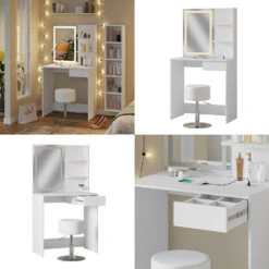 Schminktisch "Dekos" Weiß Mit LED-Spiegel, Hocker Und QI-Ladestation Vicco -Vicco m6233 hw 08 ol