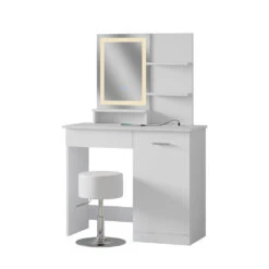 Schminktisch "Julia" Weiß Mit LED-Spiegel, Hocker Und QI-Ladestation Vicco