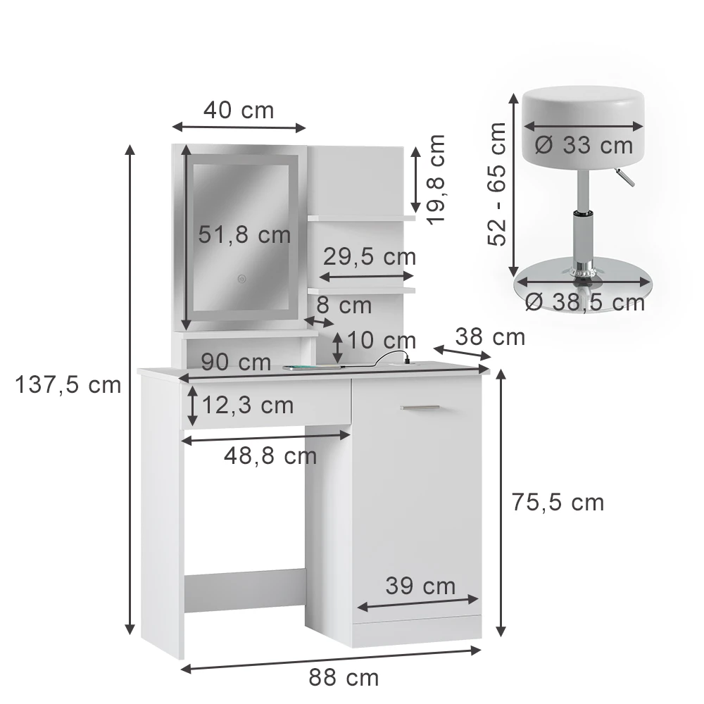 Schminktisch "Julia" Weiß Mit LED-Spiegel, Hocker Und QI-Ladestation Vicco 5 Schminktisch "Julia" Weiß Mit LED-Spiegel, Hocker Und QI-Ladestation Vicco – Bild 3