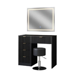 Schminktisch "Letti" Schwarz Kurz Mit LED-Spiegel Und Hocker Vicco