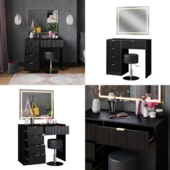 Schminktisch "Letti" Schwarz Kurz Mit LED-Spiegel Und Hocker Vicco -Vicco m6403 hs sled 08 ol