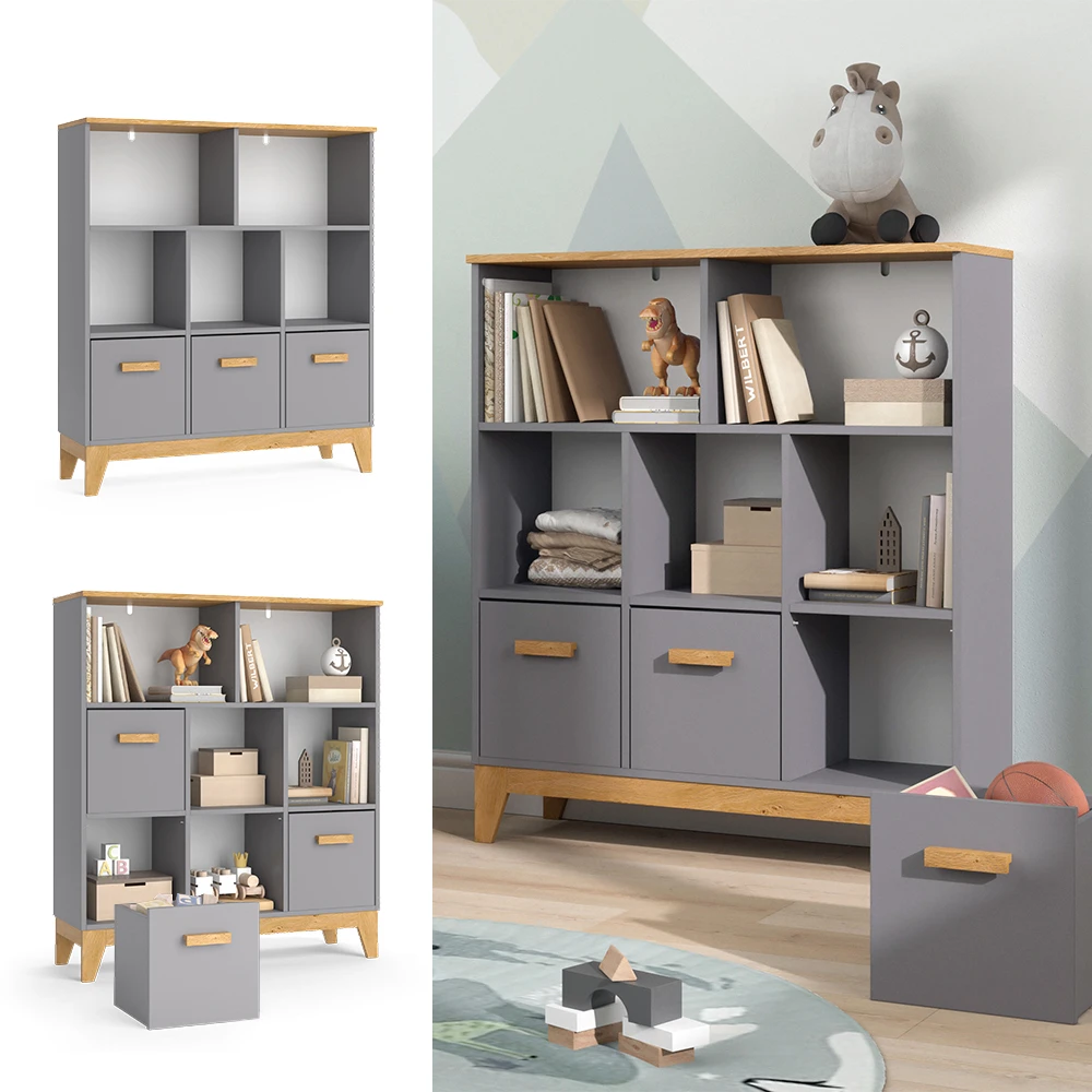 Regal "Malia" Grau/Eiche Mit 3 Schubladen Vicco 4 Regal "Malia" Grau/Eiche Mit 3 Schubladen Vicco – Bild 2