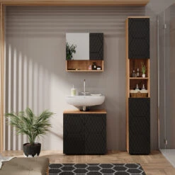 Badmöbelset "Irma" Eiche/Anthrazit 3-teilig Hochschrank Vicco -Vicco m6481 04 ol