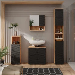 Badmöbelset "Irma" Eiche/Anthrazit 4-teilig Mit Hochschrank Und Midischrank Vicco -Vicco m6484 04 ol