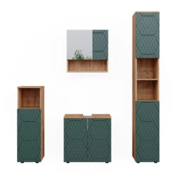 Badmöbel Set "Irma" Grün/Eiche 4 Teile, Mit Hochschrank Vicco