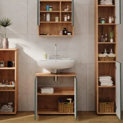 Badmöbel Set "Irma" Grün/Eiche 4 Teile, Mit Hochschrank Vicco -Vicco m6501 05 ol