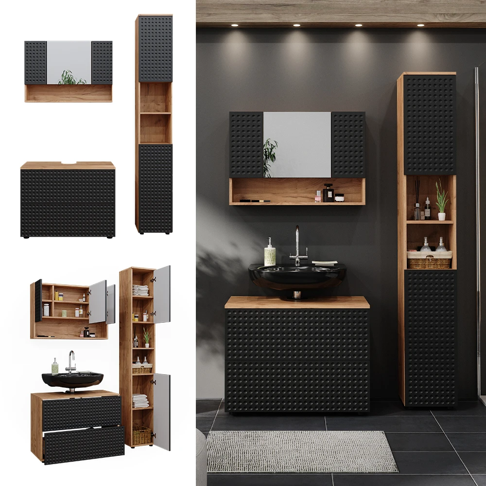 Badmöbel Set "Irma" Anthrazit/Eiche 3 Teile, Mit Spiegelschrank 80 Cm Vicco 4 Badmöbel Set "Irma" Anthrazit/Eiche 3 Teile, Mit Spiegelschrank 80 Cm Vicco – Bild 2