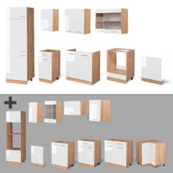 Küchenzeile "R-Line" Weiß Hochglanz/Goldkraft Eiche 300 Cm Ohne Arbeitsplatte Vicco -Vicco 20230301 m4547 06 ol